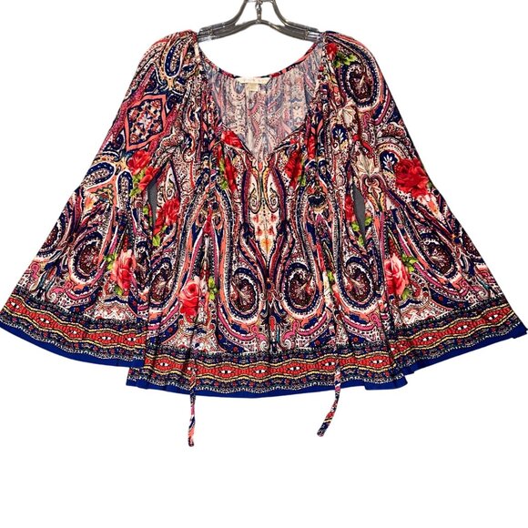 Boston Proper‎ Womens Mirror Print Knit Blouse Tie at Neck Bell Sleeve Small - Picture 1 of 8